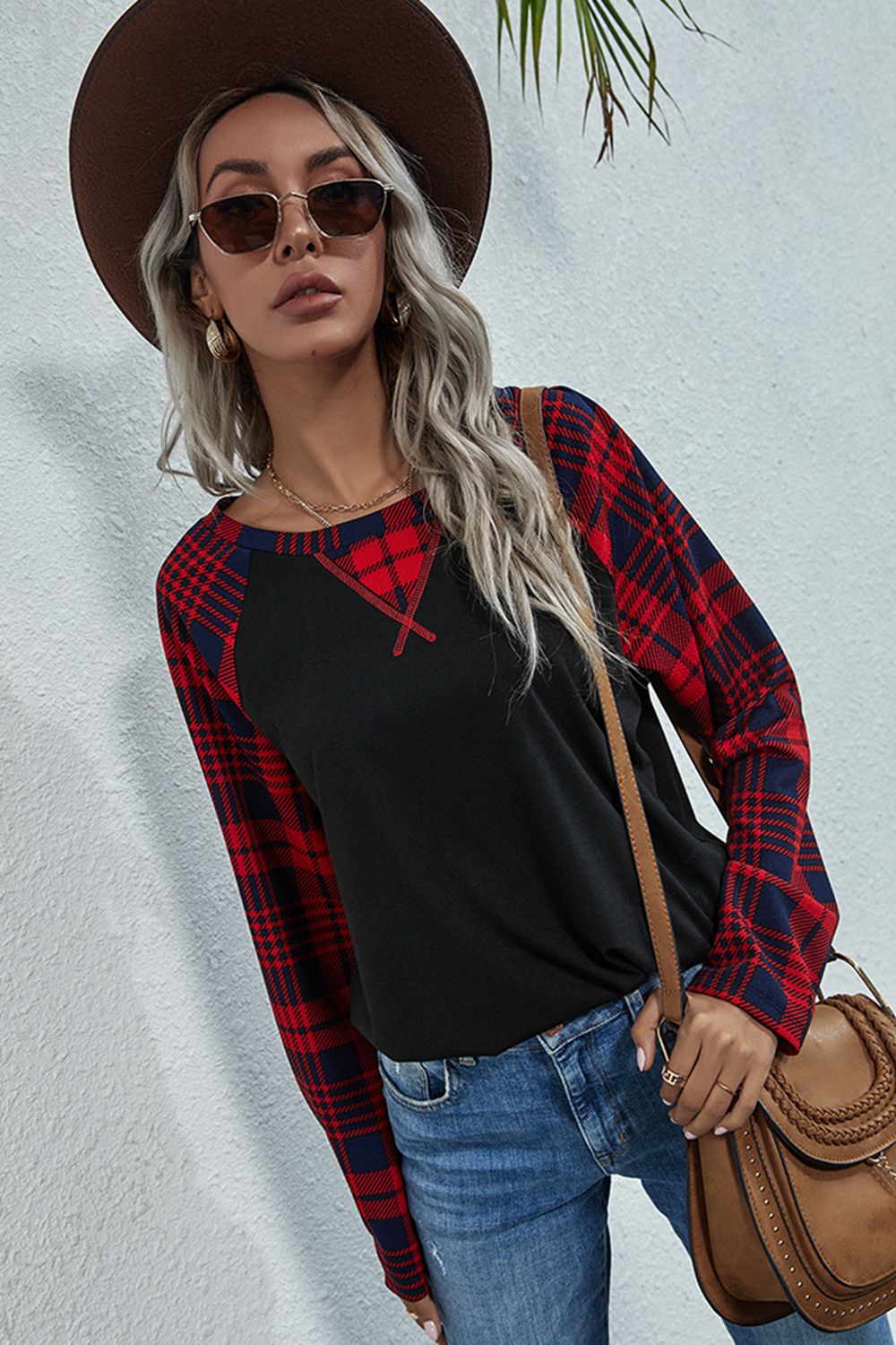 Double Take Plaid Print Long Raglan Sleeve Tee