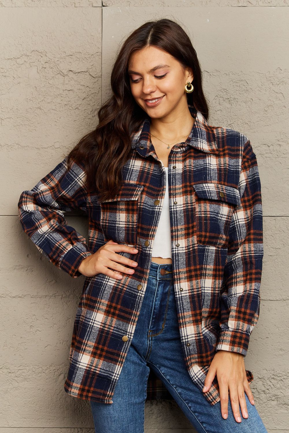 Ninexis Full Size Plaid Collared Neck Button-Down Long Sleeve Jacket