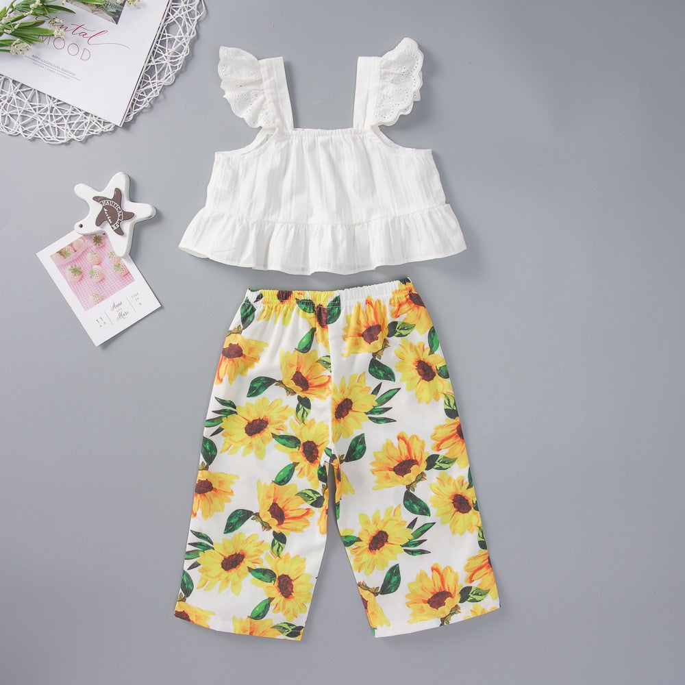 Square Neck Tank and Sunflower Print Pants Set