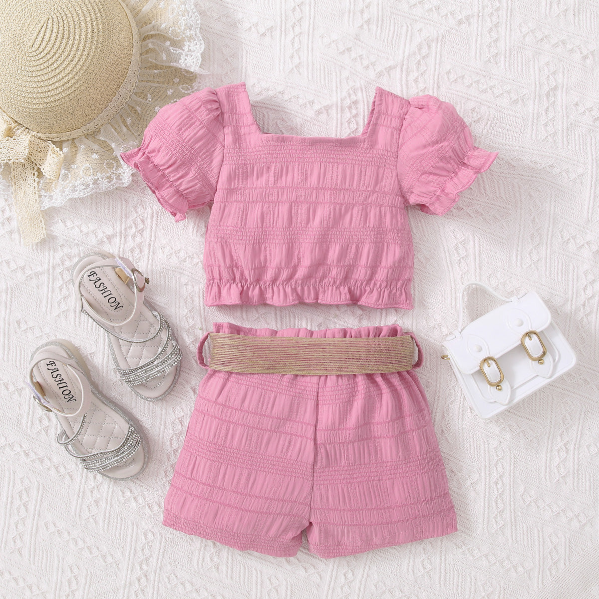 Kids Textured Bow Detail Top and Belted Shorts Set