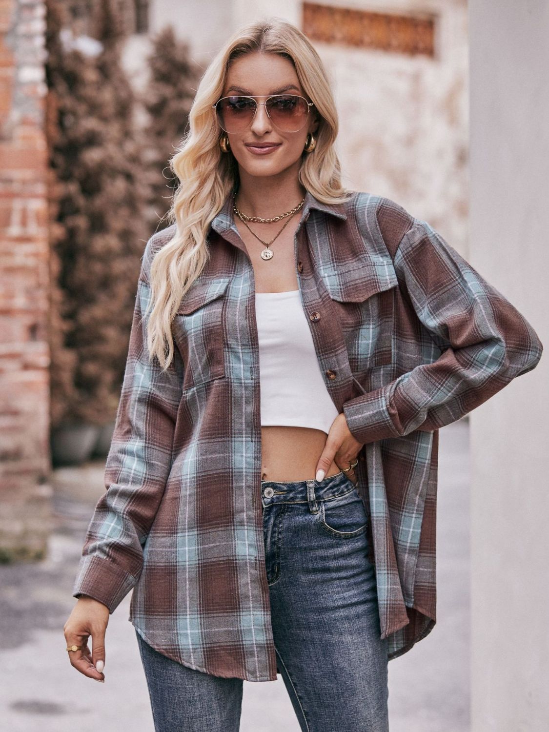 Plaid Dropped Shoulder Longline Shirt