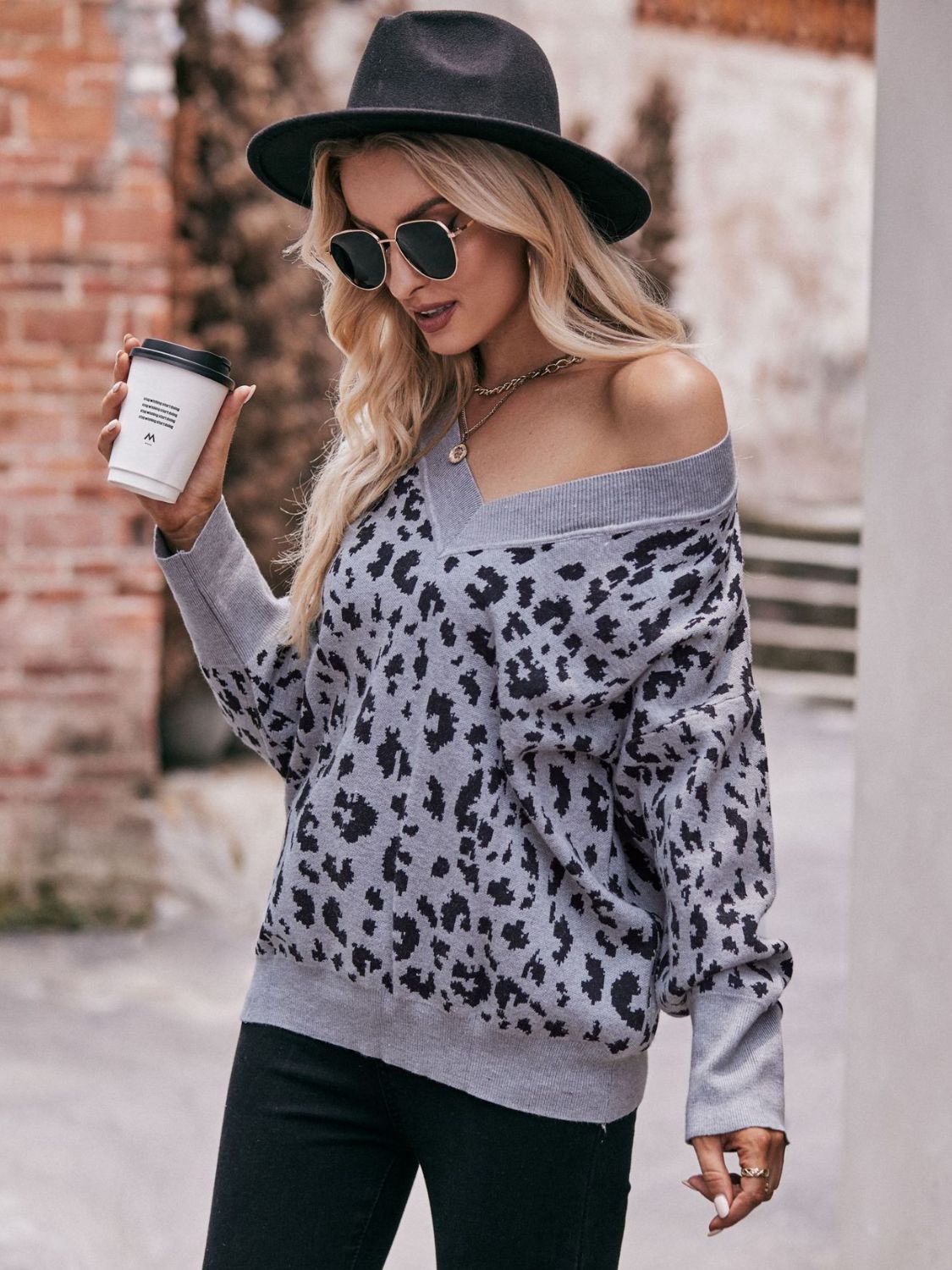 Double Take Leopard V-Neck Dropped Shoulder Top