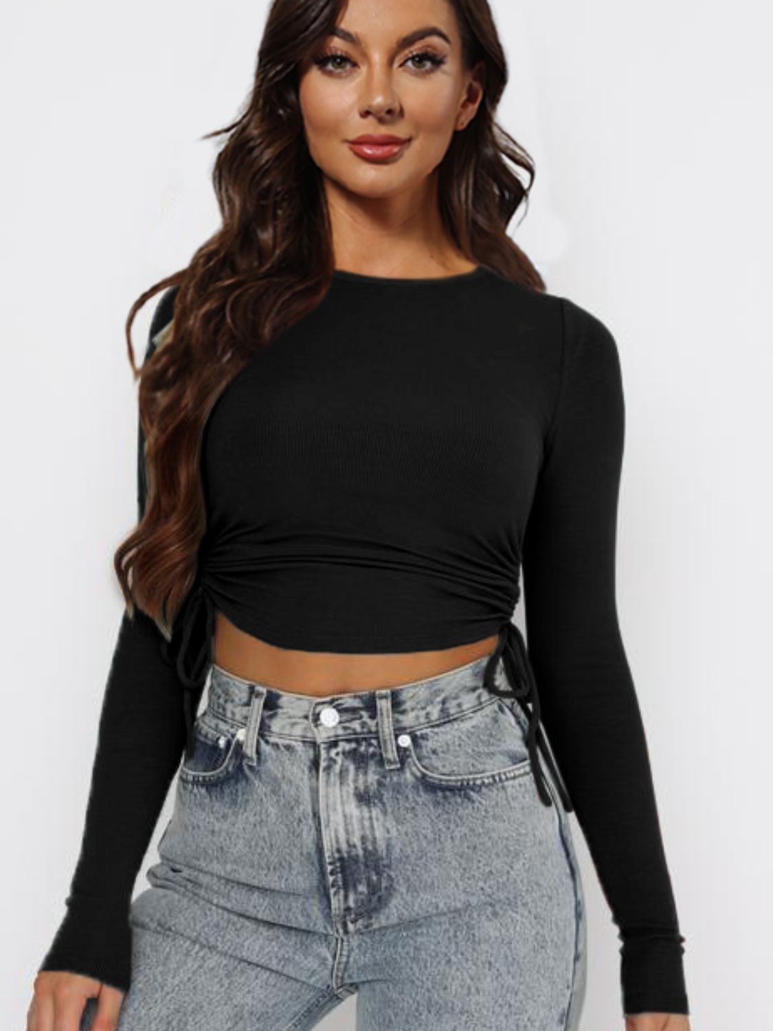 Drawstring Round Neck Long Sleeve Top