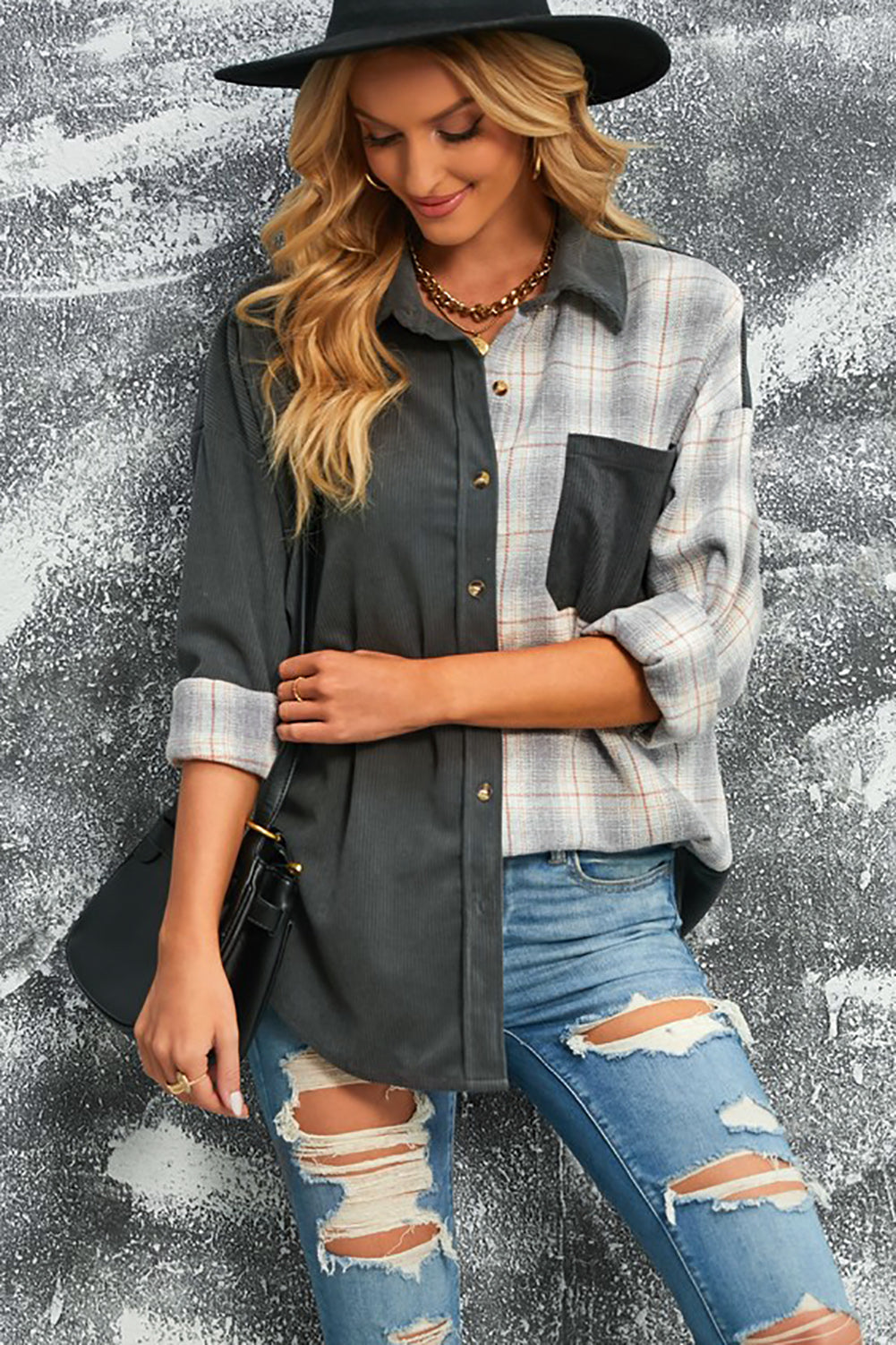 Double Take Plaid Color Block Dropped Shoulder Corduroy Shacket