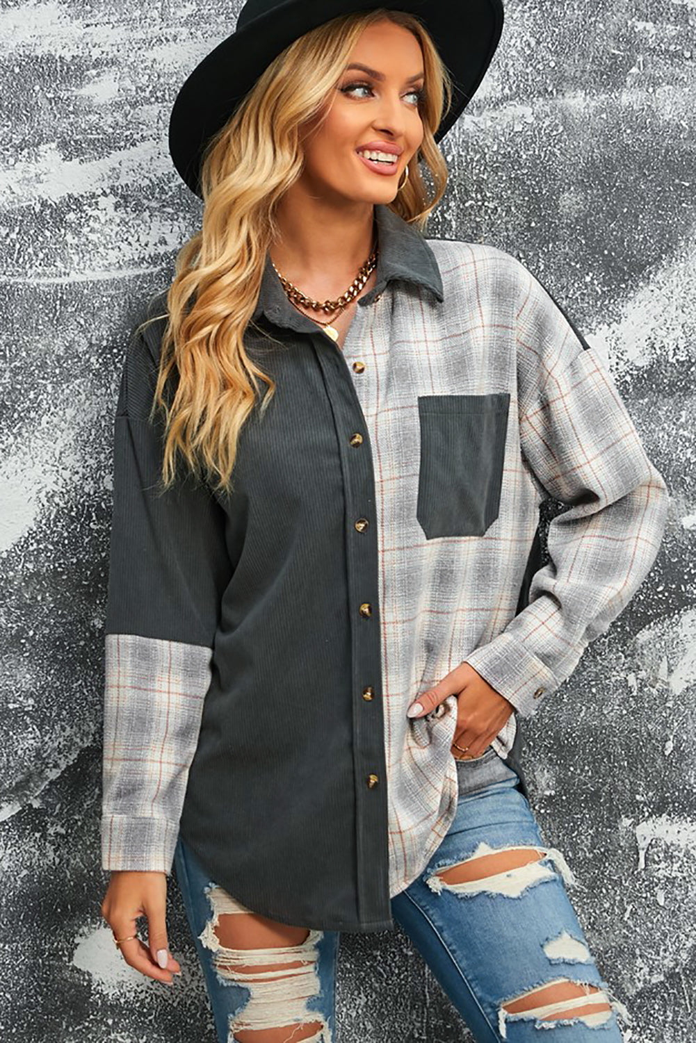 Double Take Plaid Color Block Dropped Shoulder Corduroy Shacket