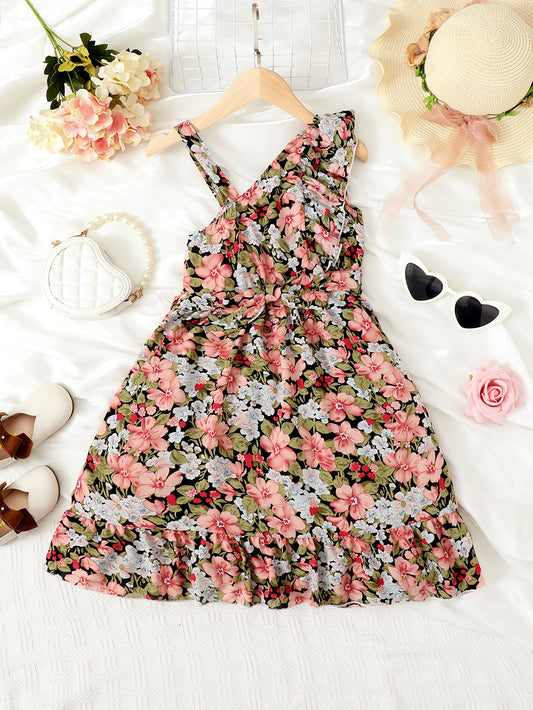 Floral Asymmetrical Neck Ruffled Dress