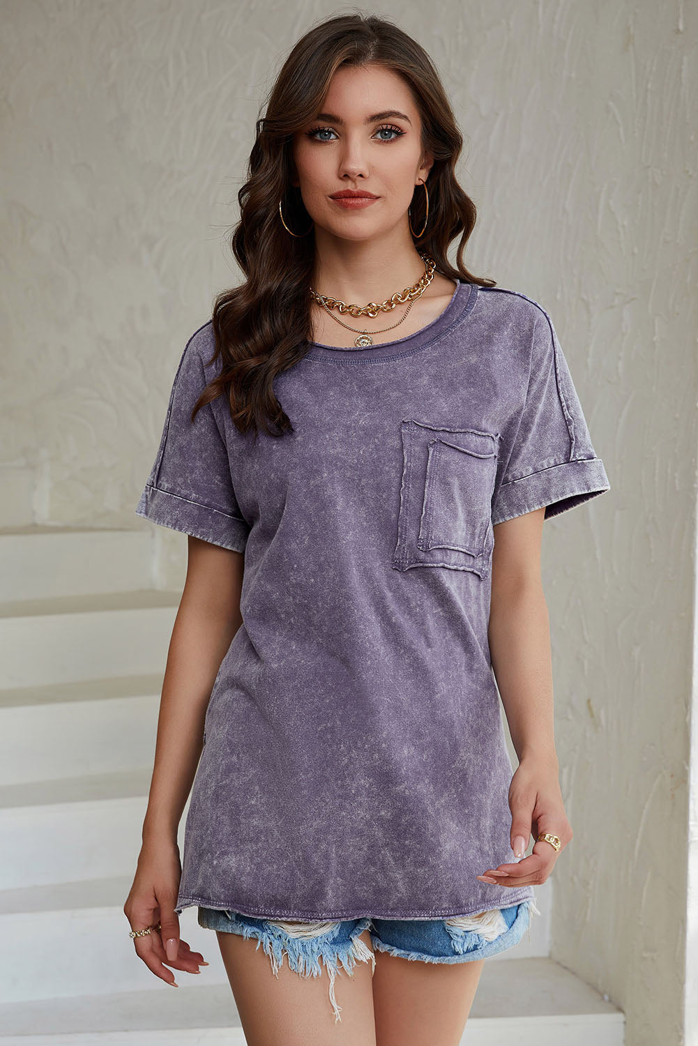 Mineral Wash Round Neck Short Sleeve Blouse