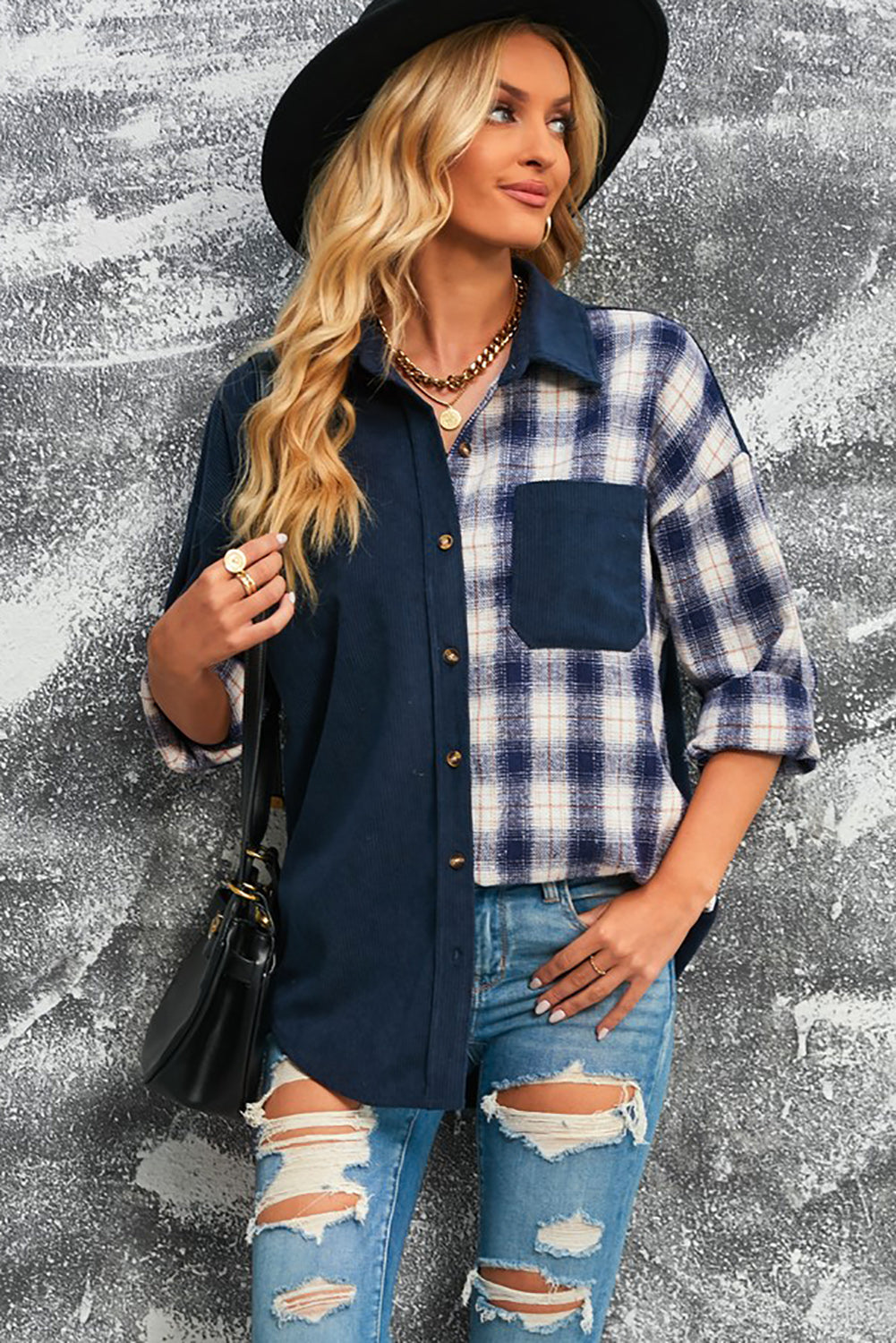 Double Take Plaid Color Block Dropped Shoulder Corduroy Shacket