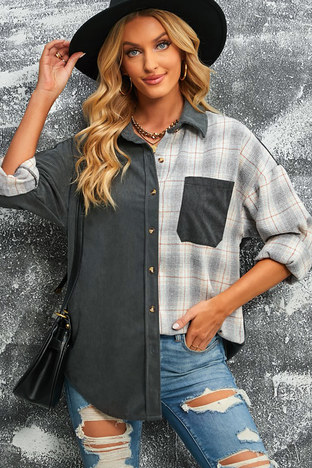 Double Take Plaid Color Block Dropped Shoulder Corduroy Shacket