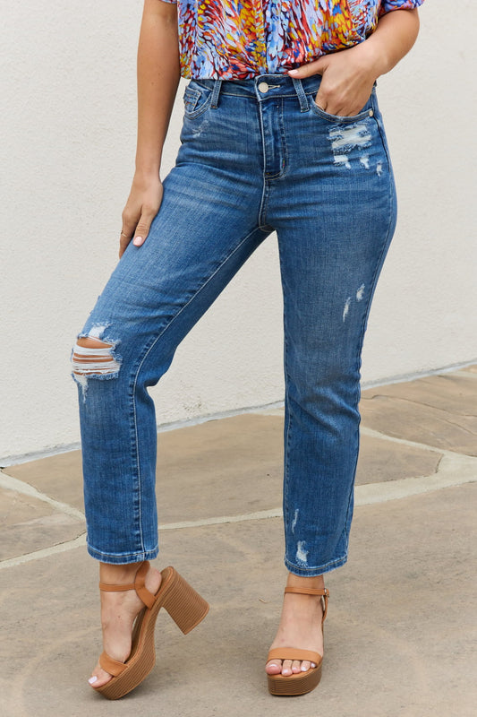 Judy Blue Theresa Full Size High Waisted Ankle Distressed Straight Jeans