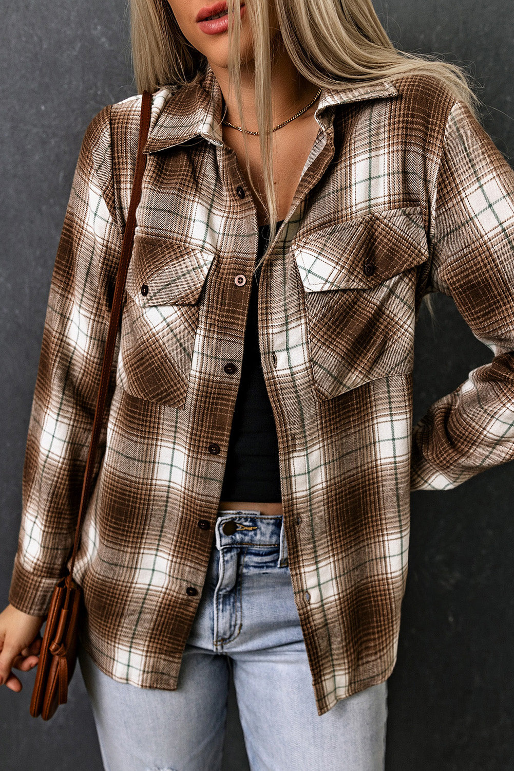 Double Take Plaid Collared Neck Long Sleeve Shirt