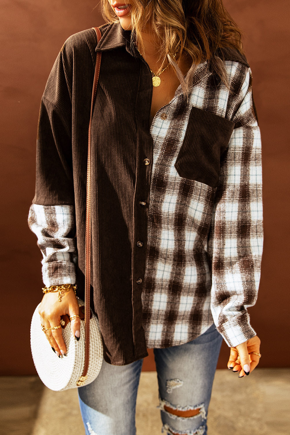 Double Take Plaid Color Block Dropped Shoulder Corduroy Shacket