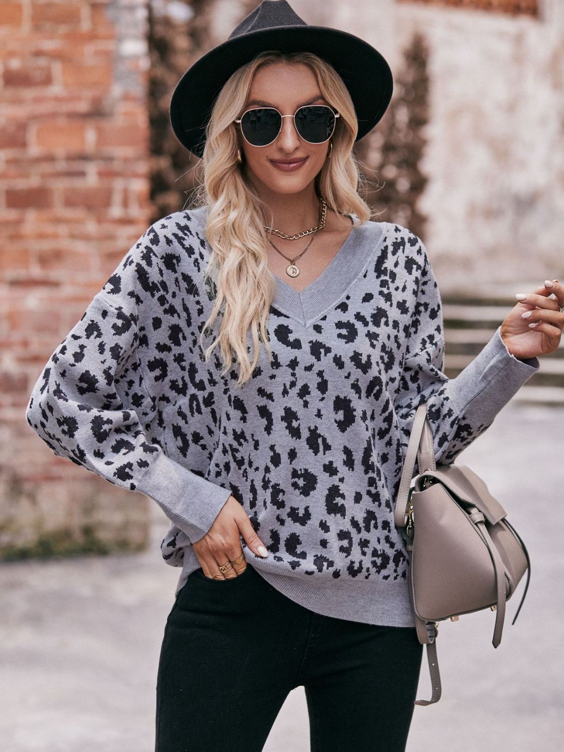 Double Take Leopard V-Neck Dropped Shoulder Top