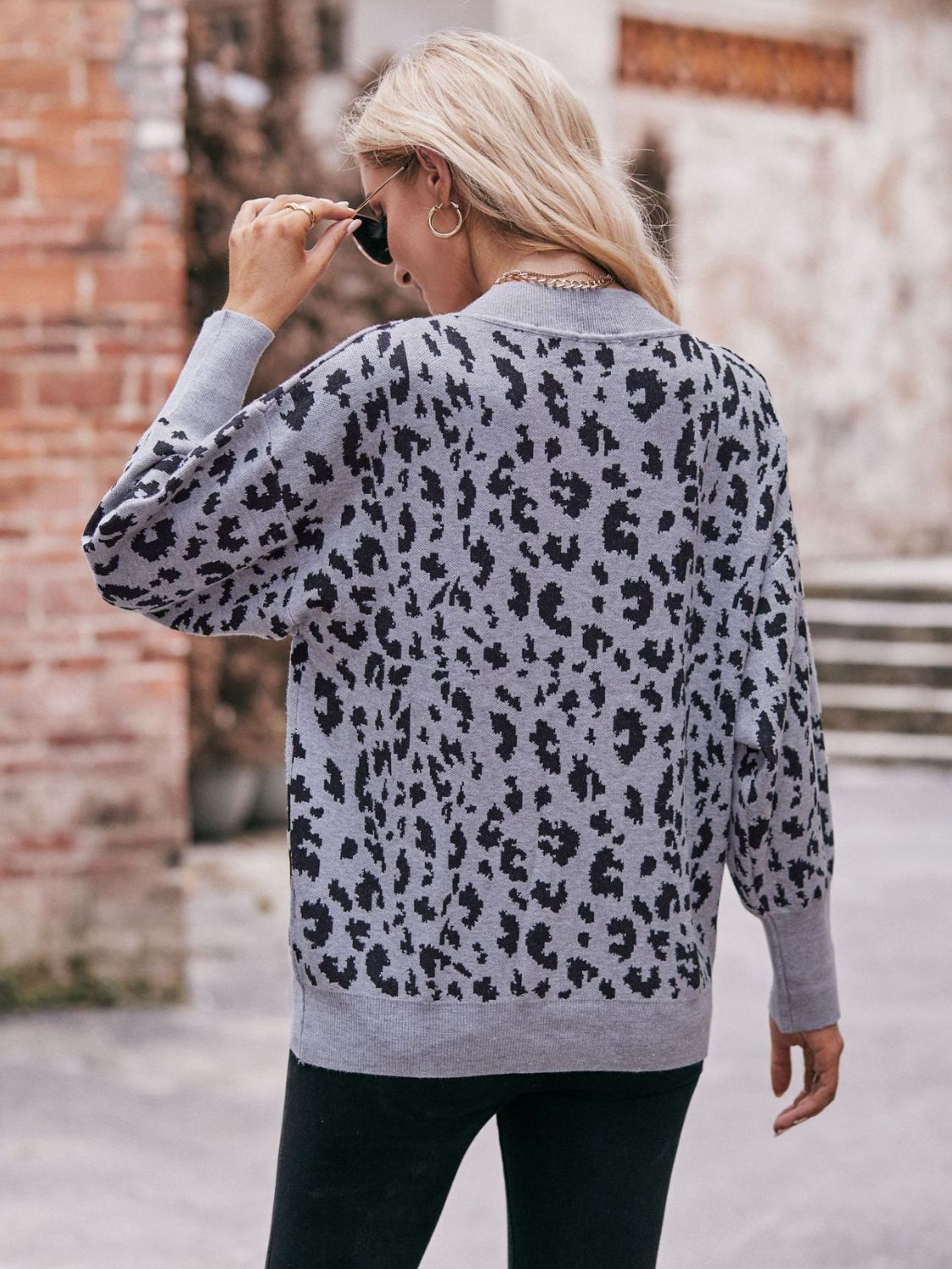 Double Take Leopard V-Neck Dropped Shoulder Top