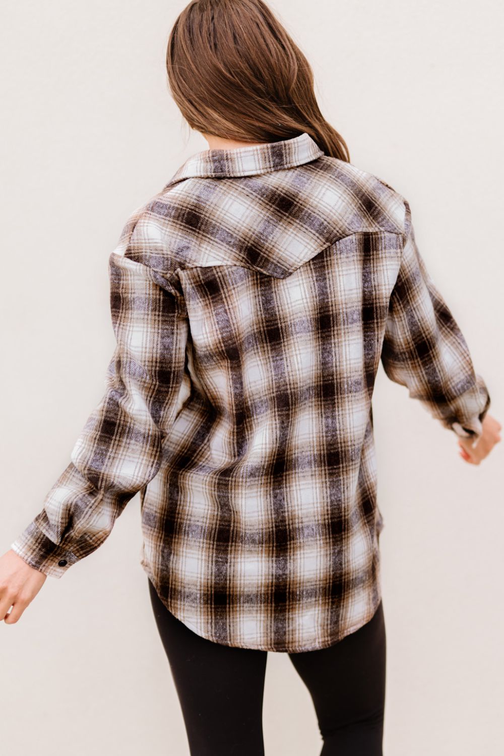 Plaid Button-Up Curved Hem Shirt with Breast Pockets