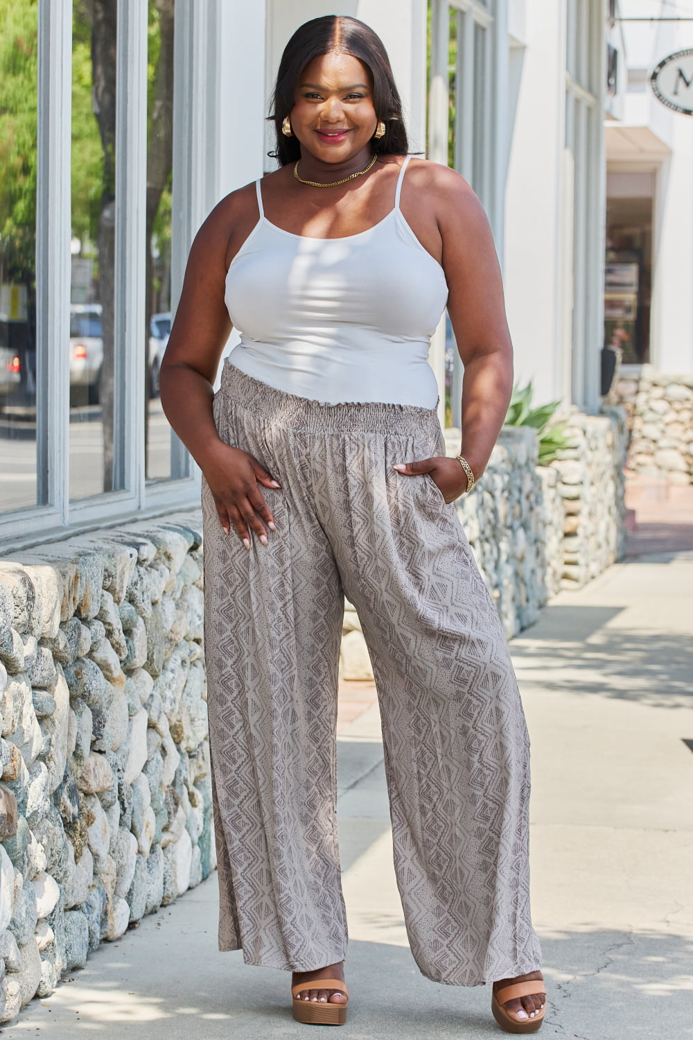 GeeGee Stress Free Plus Size Printed Wide Leg Pants