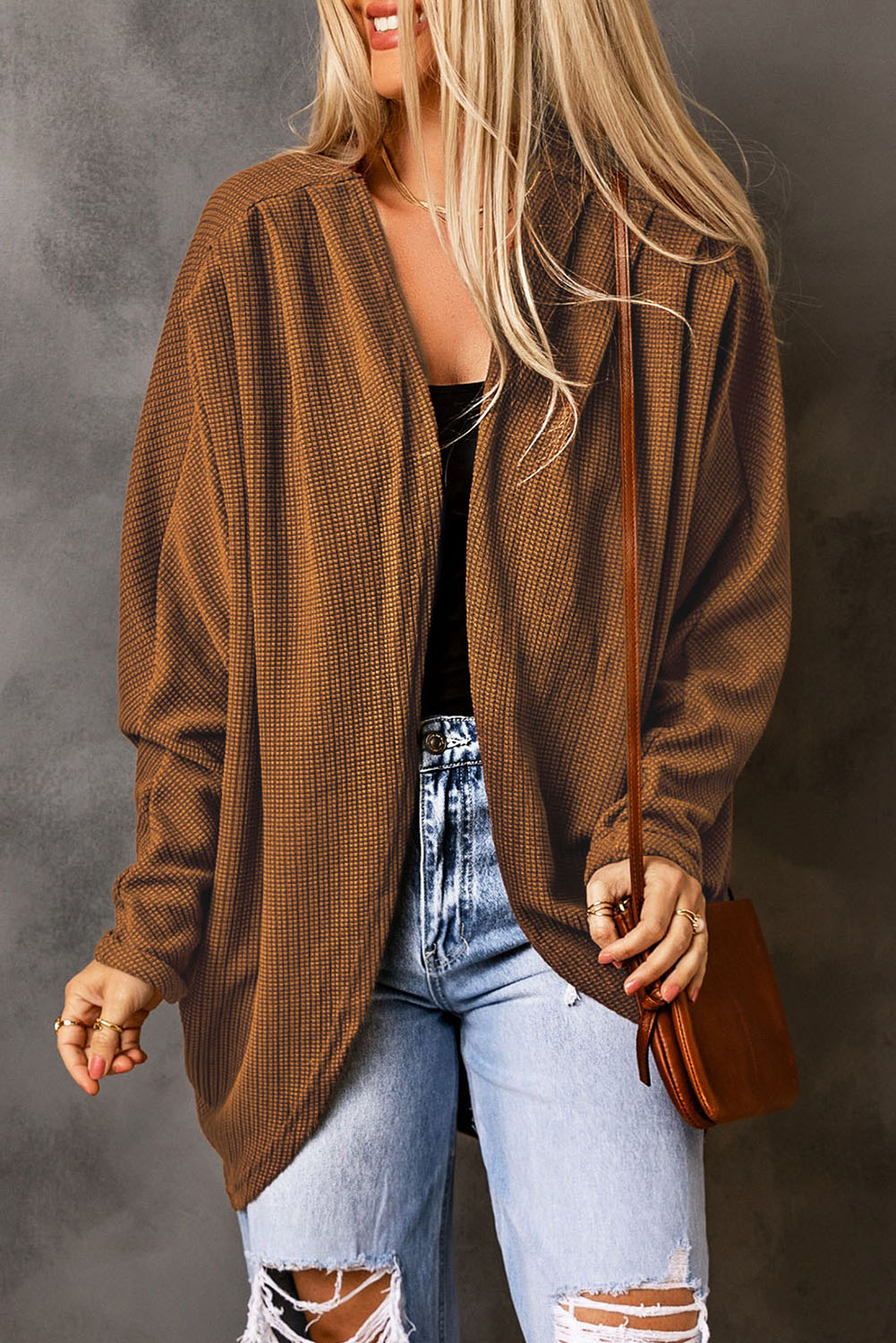 Pleated Detail Open Front Longline Cardigan