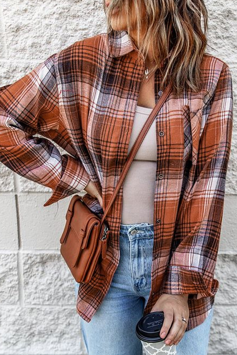 Collared Neck Long Sleeve Plaid Shirt