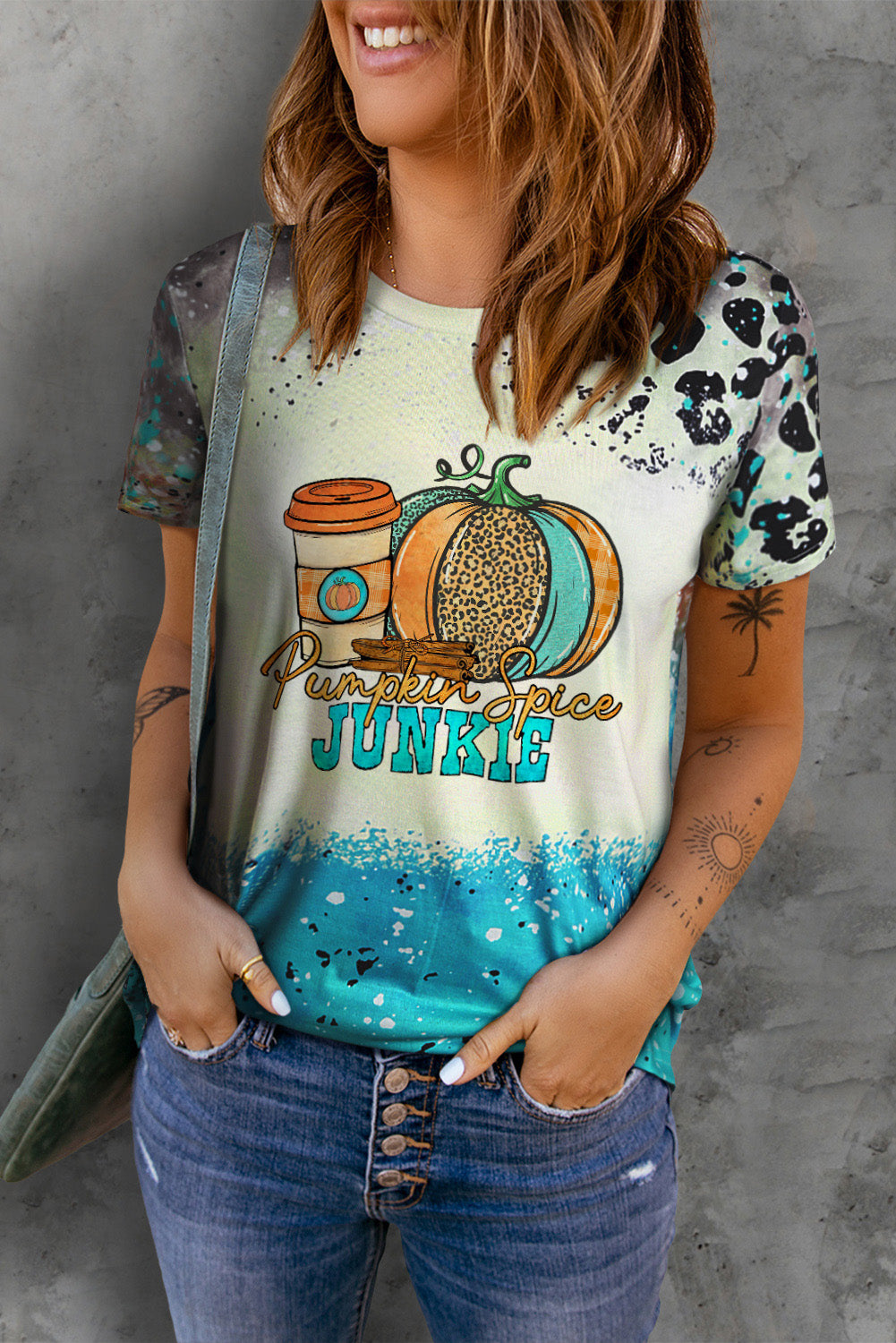 Printed PUMPKIN SPICE JUNKIE Graphic Round Neck Short Sleeve Tee